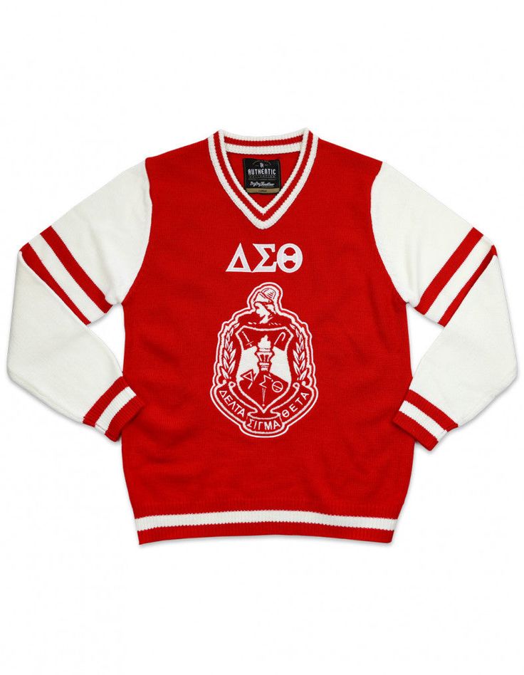 a red sweater with white sleeves and an embroidered logo on the chest, in front of a