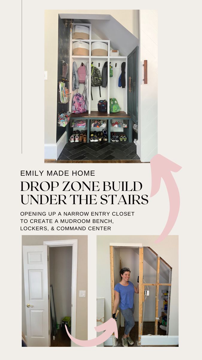 an open closet with the words, drop zone build under the stairs and below it