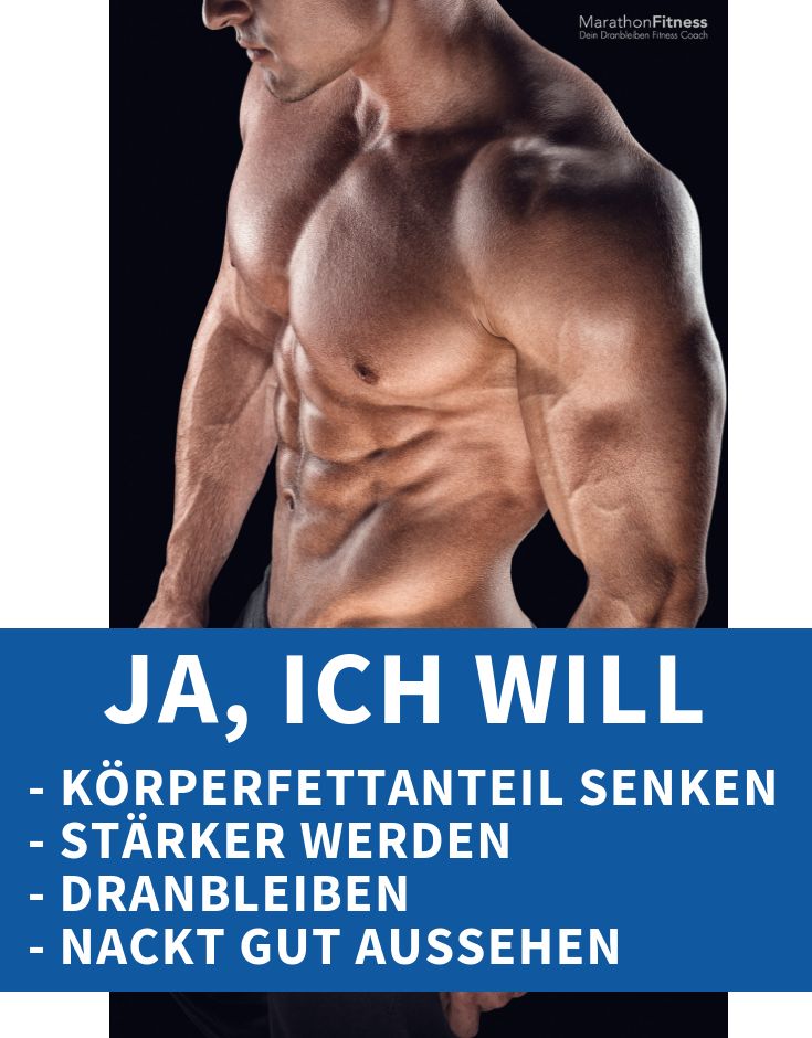 a man with no shirt standing in front of a blue sign that says ja, ich will