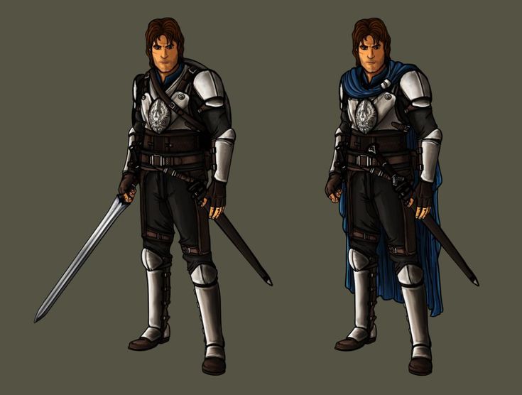 two different views of a man in armor with swords