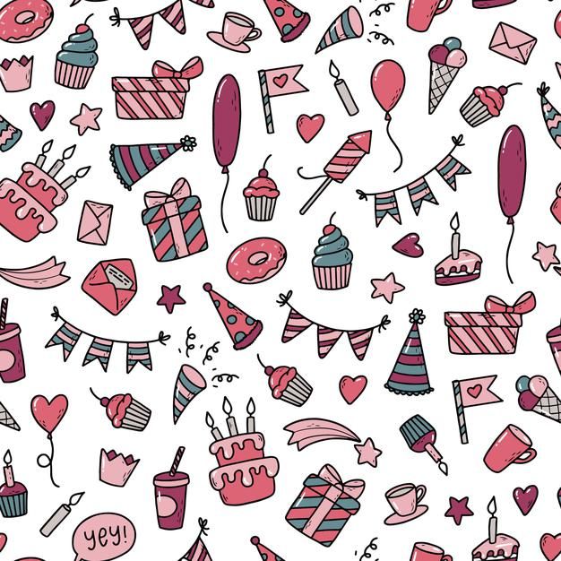 seamless pattern with cupcakes, balloons and other items on white background illustration