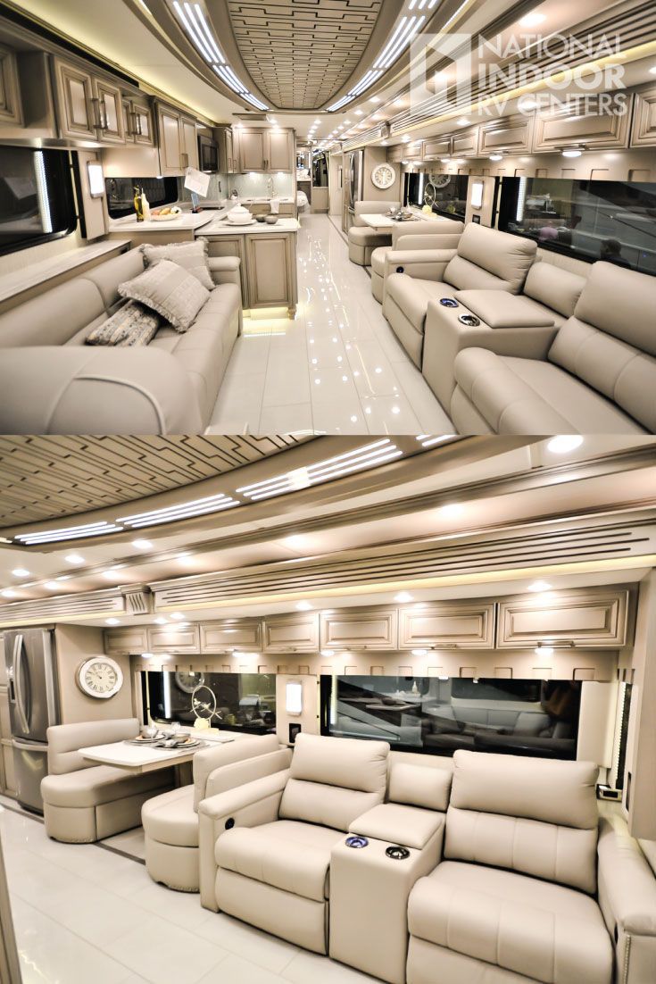 the interior of a luxury motor home with couches and recliners in it