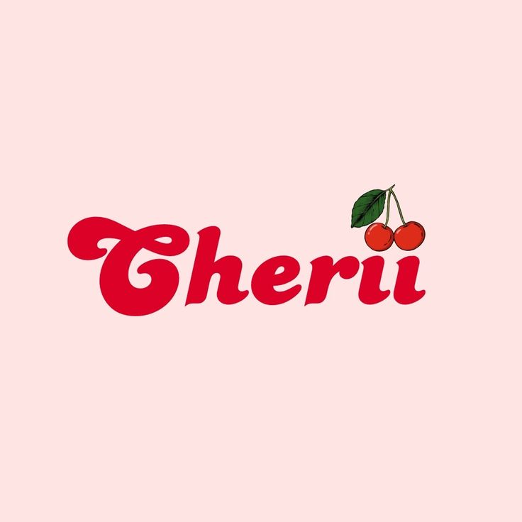 the word cheri with two cherries hanging from it's side on a pink background