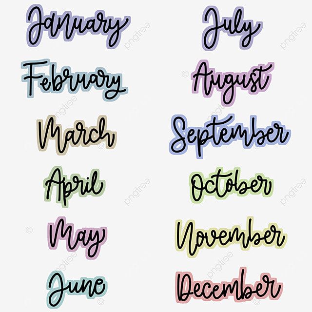 months of the year with handwritten font in different colors and styles on white background