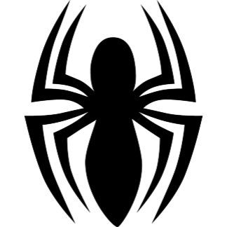 a black and white spider logo on a white background