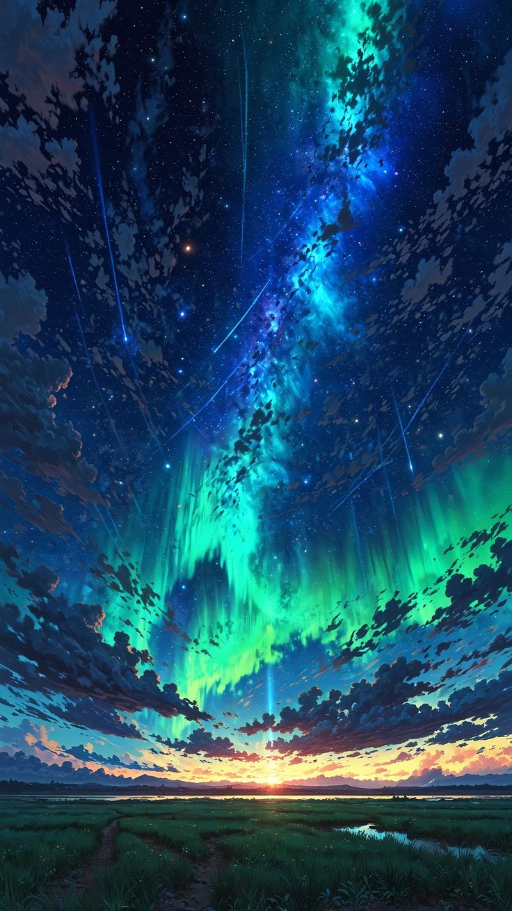 the sky is filled with bright green and blue aurora bores, as well as stars