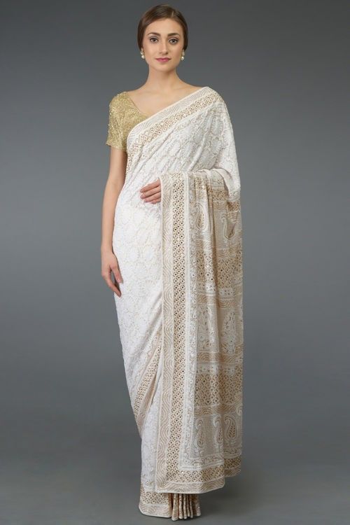 Christian Bridal Saree, Chikan Embroidery, Designer Dress For Men, Chikankari Saree, Women Talking, Dresses For Men, Indian Dresses Online, Pure Georgette Sarees, Top Indian