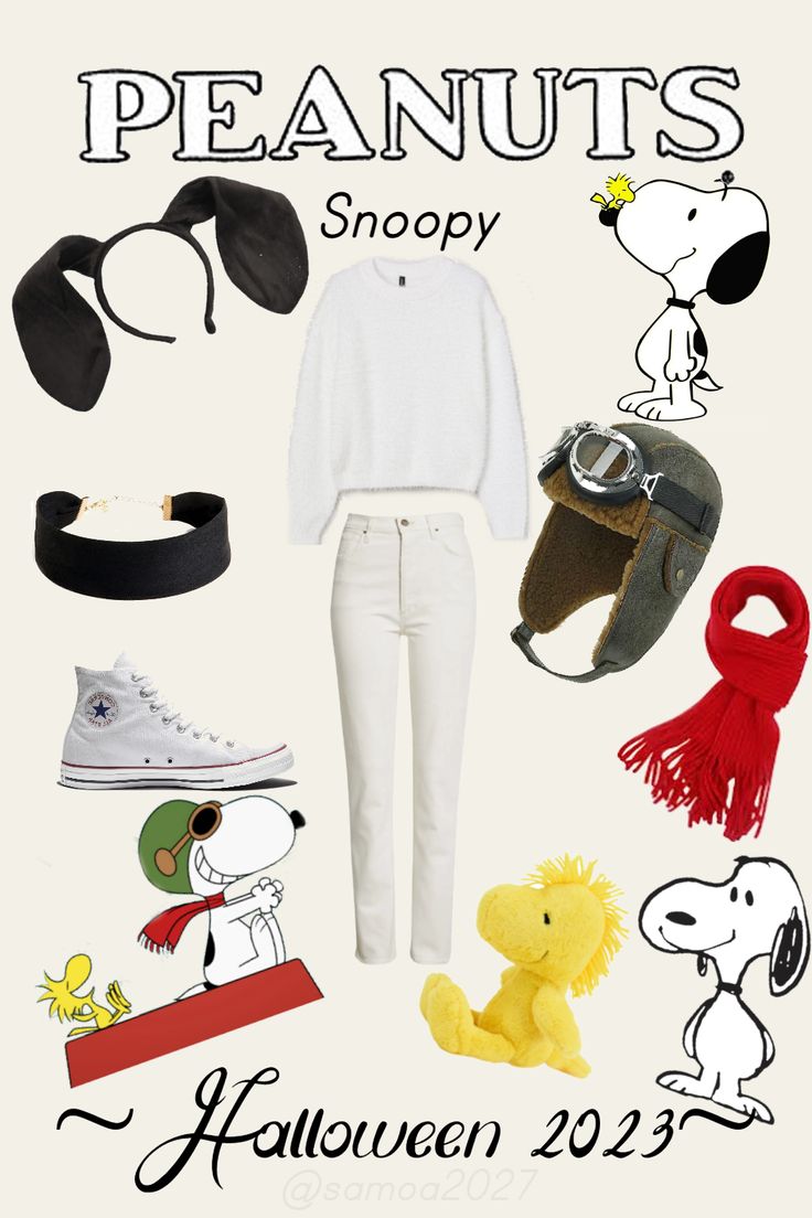 Halloween costume inspo board of the character Snoopy. Costume features a white sweater, white jeans, white shoes, red scarf, green bomber hat and goggles, black choker, black dog ear headband, and Woodstock plush toy Aviator Snoopy Costume, Diy Snoopy And Woodstock Costume, Snoopy Halloween Costume Diy, Snoopy Dog Costume, Snoopy Costume Womens, Woodstock Costume Peanuts Diy, Snoopy And Woodstock Costume, Snoopy Costume Diy, Snoopy Halloween Costume