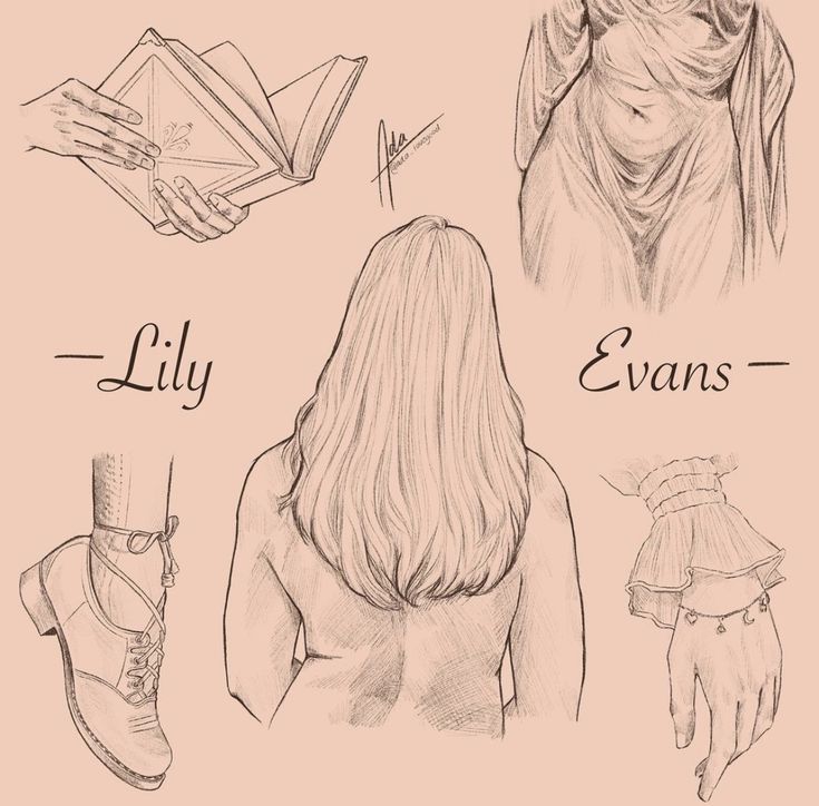 some drawings of different types of shoes and clothing on a pink background with the words lily, evans