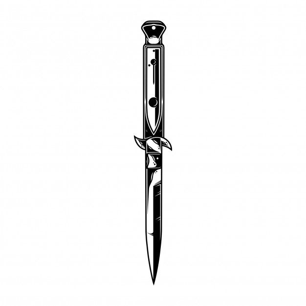 a black and white drawing of a knife with sharp blades on the blade side view