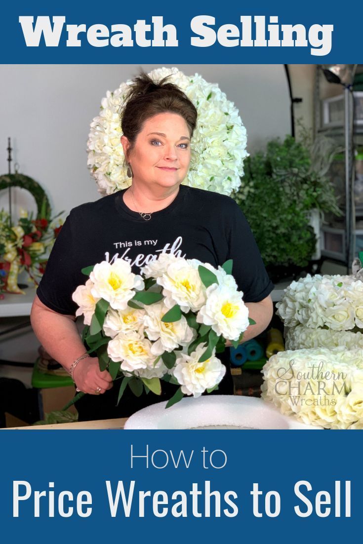 a woman standing in front of a cake with flowers on it and the words, how to price wreaths to sell