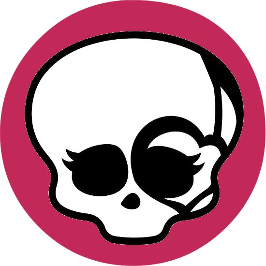 a white skull with black eyes in a pink circle