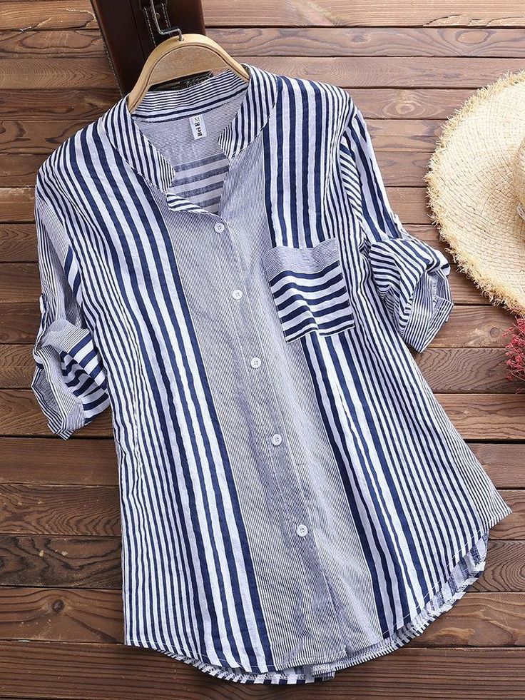 Stand Collar Stripe 3/4 Sleeve Casual Printed Shirt Striped Linen Shirt, Casual Long Sleeve Shirts, Sleeves Blouse, Striped Long Sleeve Shirt, Oversized Pullover, Shirts For Women, Print Blouse, Striped Linen, Cotton Blouses