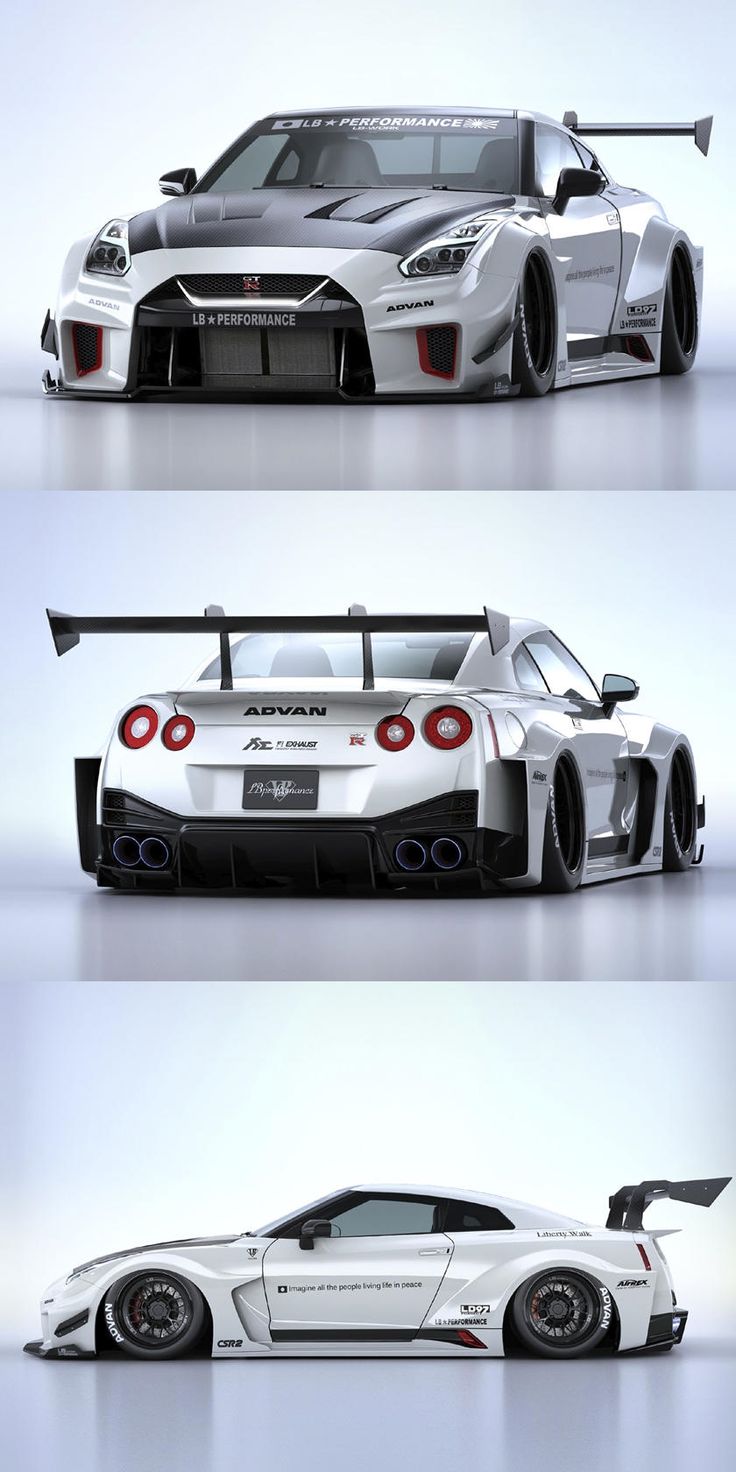 three different views of a white sports car