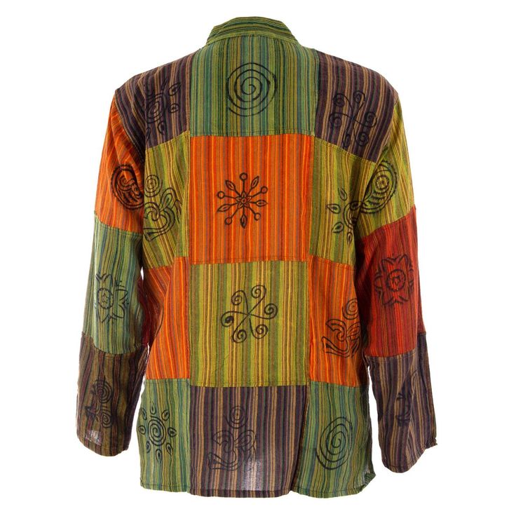 This traditional style button up shirt offers the self-expression and colorful vibes any hippie loves to radiate! Featuring a front pocket and funky designs, this shirt wears comfortably and lets your individualism shine. Patchwork clothing is made from many different sections of fabrics that are sewn together to form the final unique piece. Each item is a one of a kind piece of art we hope will surprise and delight you! Bohemian Cotton Button-up Shirt, Bohemian Green Tops With Buttons, Bohemian Long Sleeve Tops With Pockets, Green Cotton Blouse With Patchwork, Green Cotton Patchwork Blouse, Casual Long Sleeve Shirt For Festival, Green Patchwork Cotton Blouse, Bohemian Style Festival Tops With Buttons, Bohemian Festival Tops With Buttons