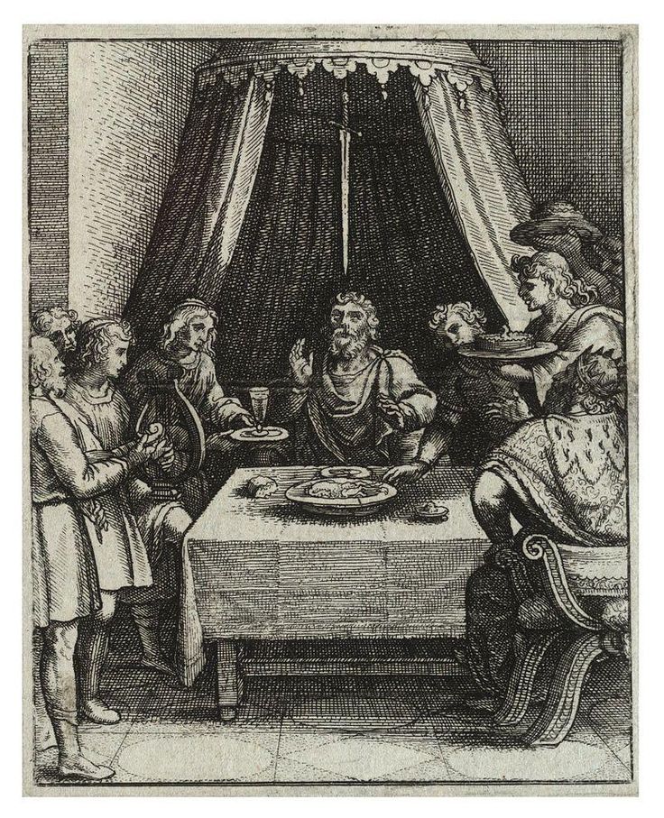 an old drawing of people sitting around a table