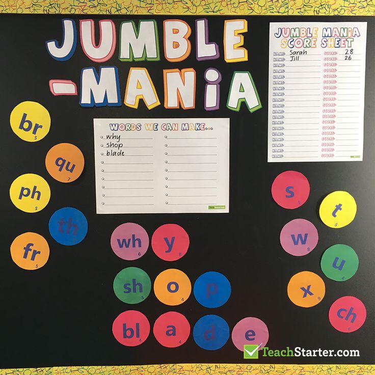 a bulletin board with the words jumble mania written in different colors and letters on it