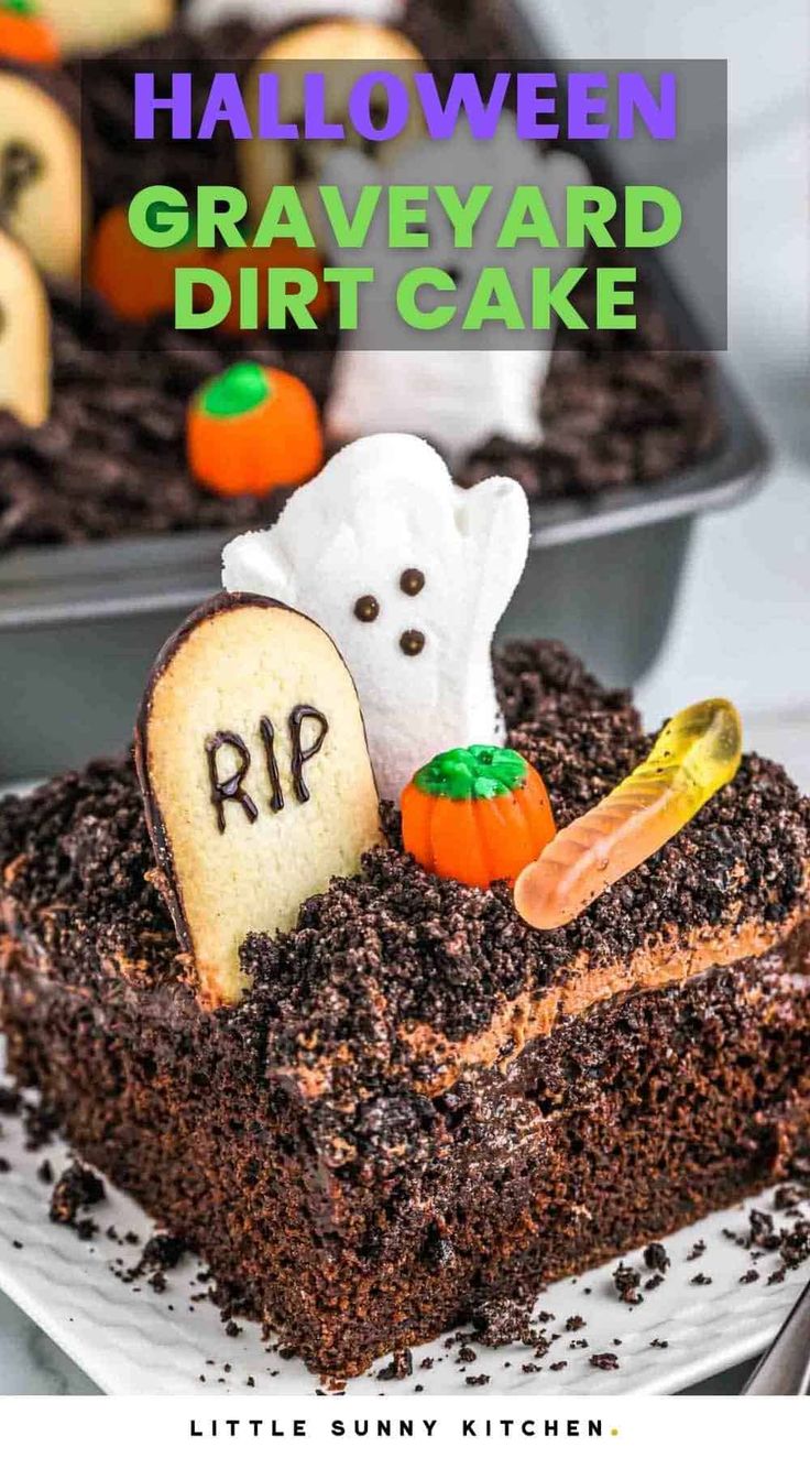 halloween graveyard dirt cake on a plate with the title overlay that reads, halloween graveyard dirt cake