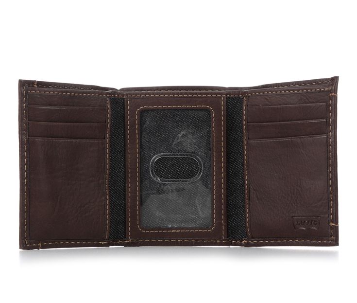 Coated leather construction with stitching details, Features RFID shield liner that protects against card reading theft, Trifold design for easy foldover closure, Includes full bill compartment, multiple card slots, and clear ID window, Approx. 3 1/4 inches W x 4 inches H x 3/4 inch D when closed, Levi's® branding details | Men's Levi's Accessories Mens RFID Trifold Wallet in Brown Brown Trifold Wallet For Everyday Carry, Leather Trifold Wallet For Everyday Carry, Travel Trifold Wallet With Id Window, Trifold Wallet With Id Window For Everyday Use, Leather Trifold Wallet With Id Window, Brown Trifold Wallet With Id Window, Brown Trifold Wallet With Rfid Blocking, Leather Trifold Wallet With Card Slots, Brown Leather Trifold Wallet With Waxed Finish