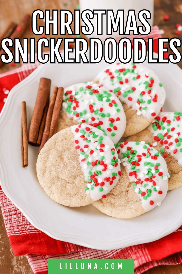 christmas snickkerdoodle cookies on a plate with cinnamon sticks