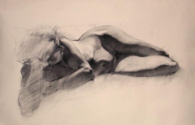 a black and white drawing of a woman laying on her side with her head down