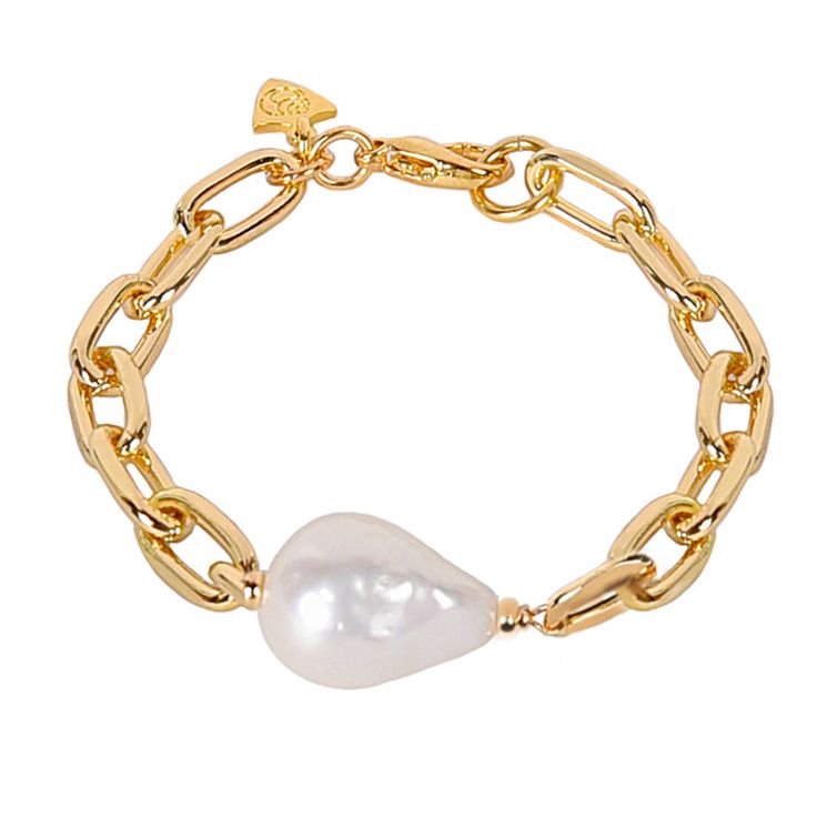 A single lustrous baroque pearl is the star of this chain bracelet with beveled links. A perfect modern pearl statement piece for any season. Natural baroque pearls vary slightly in size, shape and texture. Handcrafted in NYC 14k gold finish White baroque freshwater cultured pearl Pearl is approximately 3/4" - 7/8" | 19mm - 22mm Nickel free Comes in a signature pouch with box To select your bracelet size, measure your wrist above the bone, and add 1". Remove pearl jewelry when bathing, showering Baroque Bracelet, Crystal Ball Earrings, Pearl Earring Set, Pearl Bracelet Gold, The Bone, Baroque Pearls, Bracelet Sizes, Pearl Bracelet, Ring Bracelet