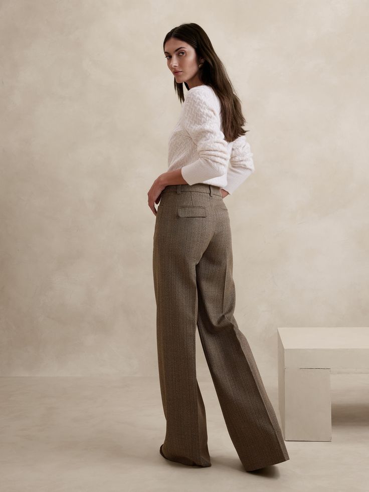 Lido Wide-Leg Italian Wool Pant | Banana Republic Women’s Slacks, Womens Wool Trousers, Checkered Trousers, Baggy Dresses, Tweed Pants, Black Wide Leg Pants, How To Hem Pants, Long Trousers, Don't Leave