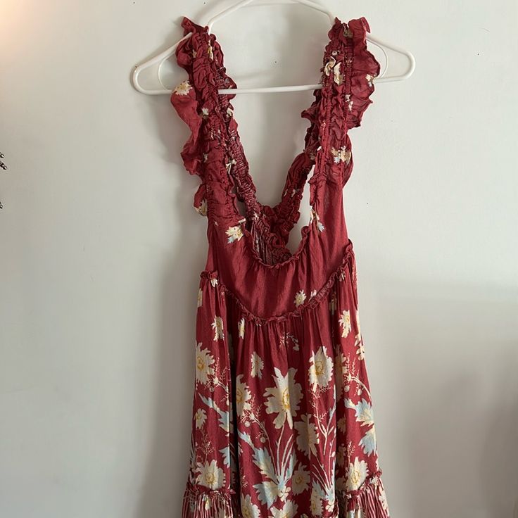 Renaissance Red Floral Dress Free People Size Medium Red Ruffled Dress For Beach, Red Ruffled Dress For The Beach, Red Ruffle Dress For The Beach, Red Ruffled Mini Dress For Vacation, Red Ruffled Maxi Dress For Vacation, Red Ruffled Maxi Dress For Beach, Bohemian Red Mini Dress With Ruffles, Red Bohemian Dress With Floral Print, Red Bohemian Floral Print Dress