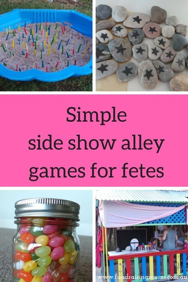 several different pictures with the words simple side show alley games for fetes on them