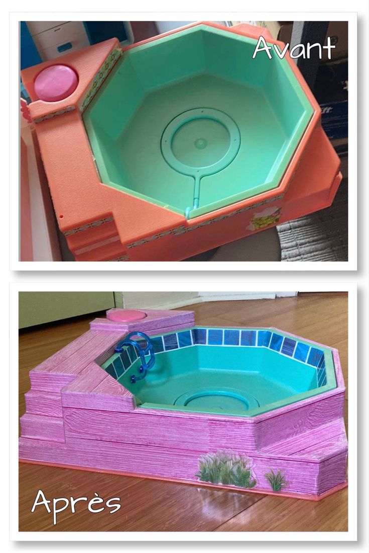 two pictures showing different stages of making an inflatable pool