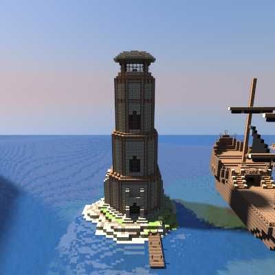 an image of a pirate ship and a lighthouse in minecraft with blue sky background