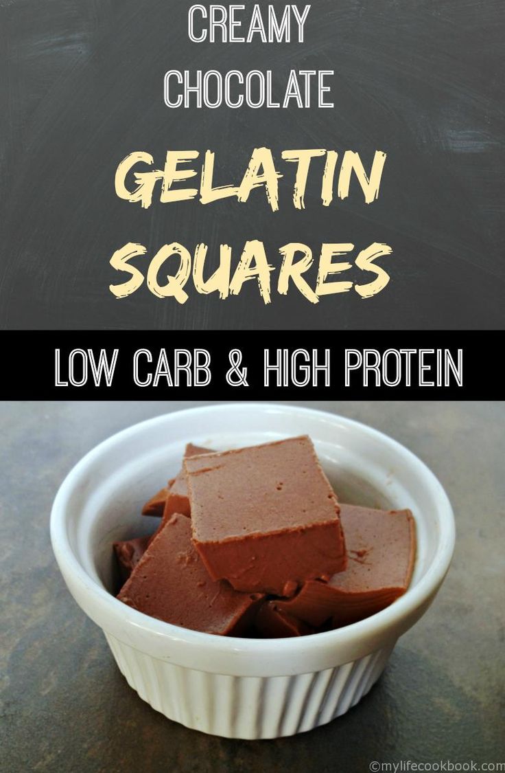 low carb and high protein chocolate gelatin squares in a white bowl with text overlay