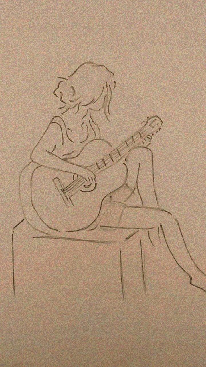 a drawing of a woman sitting on a chair playing the guitar with her legs crossed