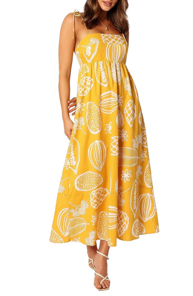 A bright tropical pattern puts a sunny spin on a maxi dress that's a breath of fresh air for your warm-weather wardrobe. Hidden back-zip closure Square neck Adjustable tie straps Lined 95% cotton, 5% linen Hand wash, line dry Imported Yellow Floral Print Vacation Dress, Tropical Maxi Dress For Spring, Tropical Maxi Sundress For Vacation, Tropical Style Spring Maxi Dress, Tropical Maxi Sundress For Day Out, Yellow Summer Maxi Dress For Vacation, Maxi Length Tropical Print Sundress, Casual Maxi Sundress With Tropical Print, Casual Yellow Dress For Vacation