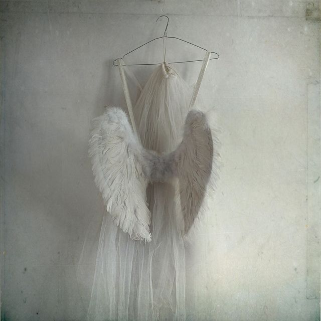 an angel's wings hanging on a wall