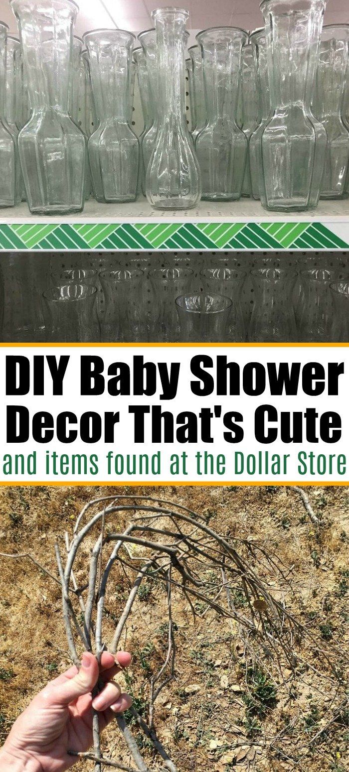 a hand is holding up some branches in front of glass bottles with the words diy baby shower decor that's cute and items found at the dollar store