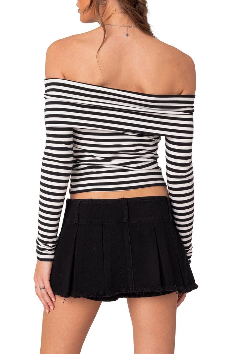 Allover stripes enliven this close-fitting top designed in a cropped, shoulder-baring silhouette with a folded neckline. Off-the-shoulder neck Long sleeves 95% cotton, 5% spandex Machine wash, dry flat Imported Fitted Black Top With Contrast Stripes, Black Fitted Top With Contrast Stripes, Fitted Black Top With Vertical Stripes, Spring Tops With Contrast Stripes And Stretch, Black Vertical Striped Top For Spring, Spring Stretch Tops With Contrast Stripes, Black Vertical Stripes Top For Spring, Striped Off-shoulder Top For Spring, Vertical Striped Fitted Tops