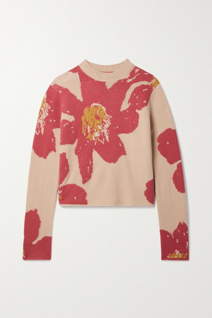 The Elder Statesman's sweater is intarsia-knitted with abstract flowers that appear as though they were drawn by hand. It's made from soft and insulating cashmere and has a ribbed crewneck and cropped, unfinished hem. Floating Florals, Elder Statesman, Hand Painted Yarn, Jacquard Sweater, Sweater Collection, Crochet Woman, Warm Sweaters, Guilty Pleasures, Abstract Flowers