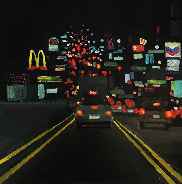 an oil painting of cars driving down a street at night with mcdonald's in the background