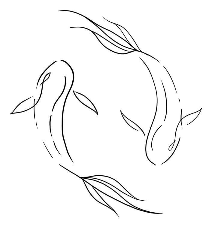 a drawing of two fish swimming in the water, one is black and white with lines on