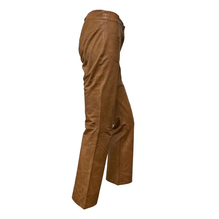 condition 8/10 color brown size 34 waist 35cm, length 93cm, front rise 22cm, inseam 71cm, hips 45cm by flat goat 100% made in france free shipping worldwide (takes around 5days) Brown Wide-leg Pants With Five Pockets, Brown Wide Leg Pants With Five Pockets, Brown Workwear Bottoms With Five Pockets, Brown Wide Leg Leather Bottoms, Brown Leather Straight Leg Pants, Brown Leather Pants With Straight Leg, Brown Straight Leg Bottoms With Belt Loops, Leather Bottoms With Belt Loops In Brown, Brown Leather Bottoms With Belt Loops