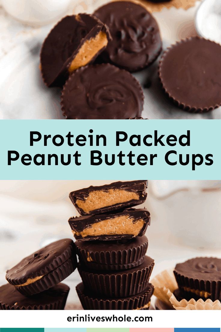 chocolate peanut butter cups stacked on top of each other with the words protein packed peanut butter cups