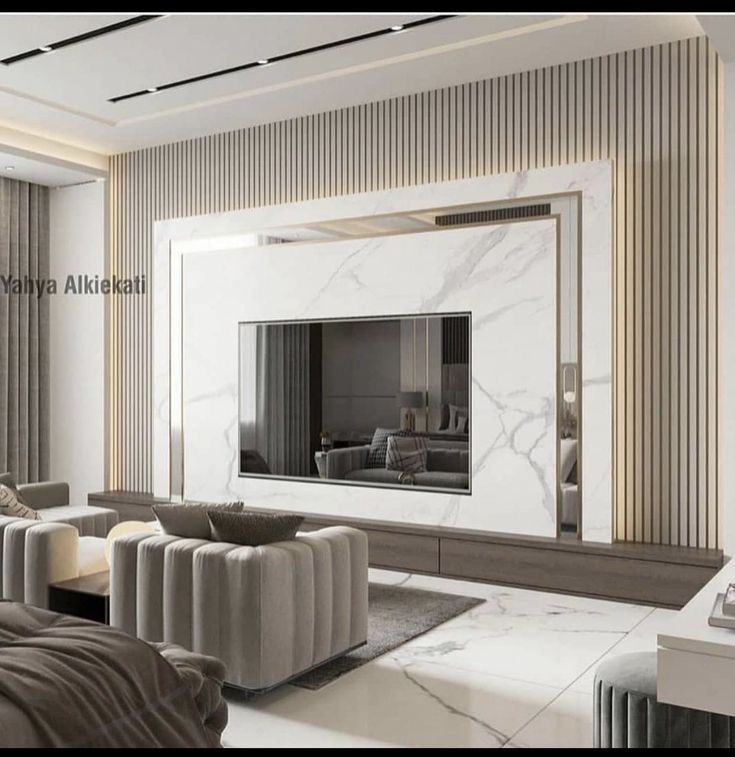 an elegant living room with marble walls and flooring is featured in this rendering image