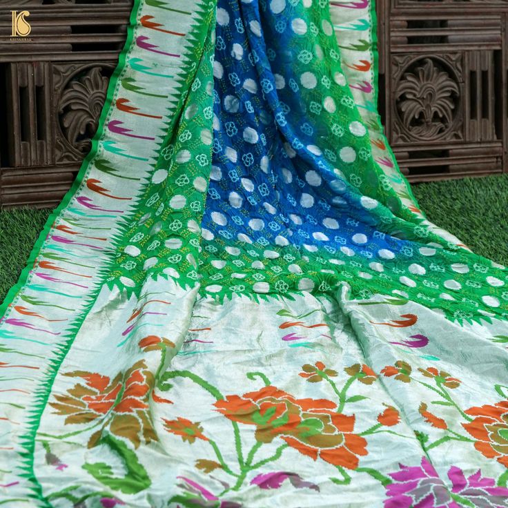 Blue & Green Pure Georgette Muniya Border Banarasi Bareek Bandhani Saree - Khinkhwab Fusion Style Multicolor Chanderi Saree, Fusion Saree With Dupatta For Diwali, Diwali Fusion Style Saree With Dupatta, Fusion Style Multicolor Dupatta With Zari Work, Multicolor Banarasi Silk Saree In Traditional Drape, Multicolor Bandhani Print Saree For Transitional Season, Fusion Style Dupatta With Zari Work For Eid, Multicolor Paithani Silk Saree With Bandhani Print, Fusion Style Dupatta With Pallu For Festivals