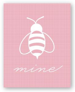 a pink and white bee with the word mine on it's back ground, in front of a checkered background