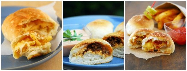 three different views of food on plates and in bowls, including bread rolls with meat