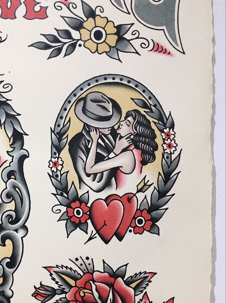 an old school tattoo flash sheet with hearts and flowers on it, including two men kissing each other