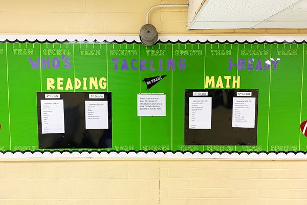 a green bulletin board with writing on it in a school gym area that reads words reading, reading, and math