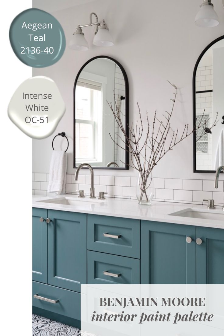 a bathroom with two sinks and mirrors on the wall above them is an ad for benjam moore interior paint palette