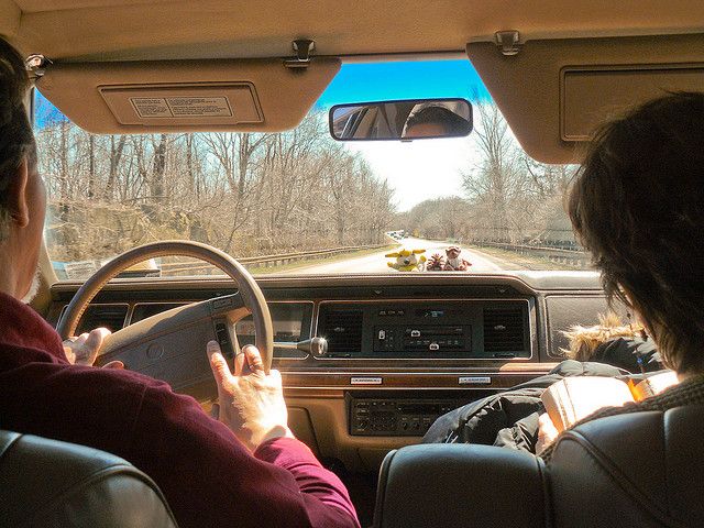 two people in a car driving down a road with trees on both sides and one person holding the steering wheel